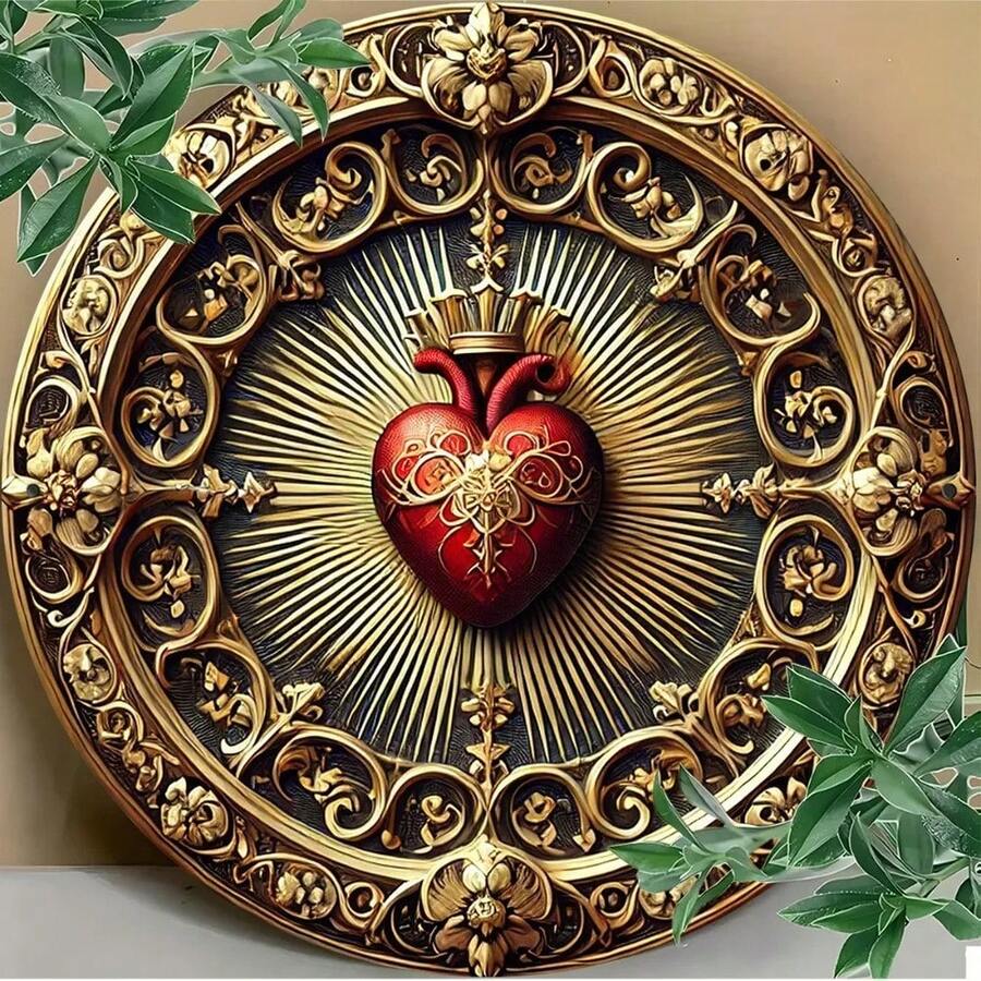 Vintage Sacred Heart Metal Wall Art 8x8 Inch Round Aluminum Sign, Religious Home Decor With Crown & Cross Design, Catholic Wall - TYA71977-20x20cm - Xem 1