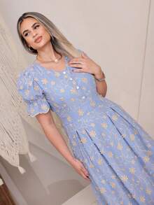 Elegant Women's Dress Simple Embroidery Button Women's All - 3D Bicolor Blue - View 3