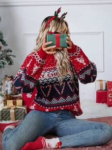 Pulover de Crăciun cu guler rotund, nou-venit, stil simplu cu model de Crăciun, mânecă lungă, potrivit pentru ieșiri casual și purtare zilnică, ideal și pentru petreceri de Crăciun, reuniuni de familie, o alegere perfectă pentru ținutele de toamnă/iarnă ale femeilor. - roșu - Vizualizare 1