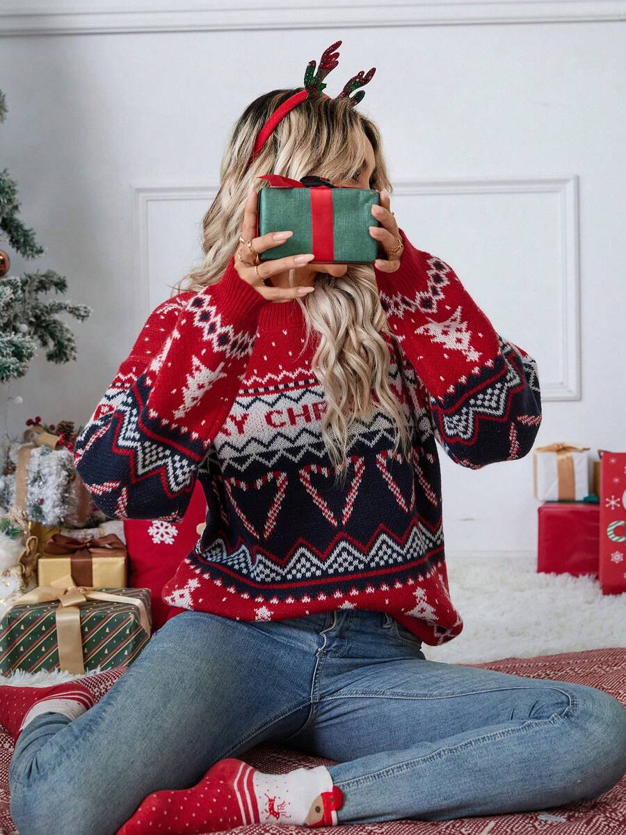 Pulover de Crăciun cu guler rotund, nou-venit, stil simplu cu model de Crăciun, mânecă lungă, potrivit pentru ieșiri casual și purtare zilnică, ideal și pentru petreceri de Crăciun, reuniuni de familie, o alegere perfectă pentru ținutele de toamnă/iarnă ale femeilor. - roșu - Vizualizare 1