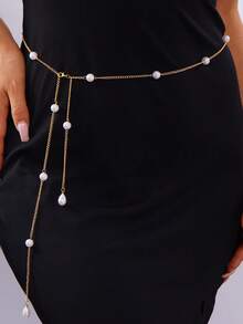 1pc Elegant Summer Beach Water Drop Pearl Pendant Waist Chain, Women Body Jewelry Accessory