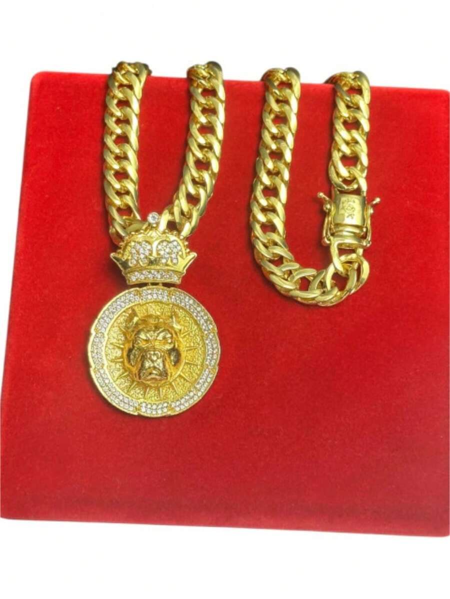 Cordão Grumet 15mm + Pingente Pitbull Redondo Banhado a Ouro