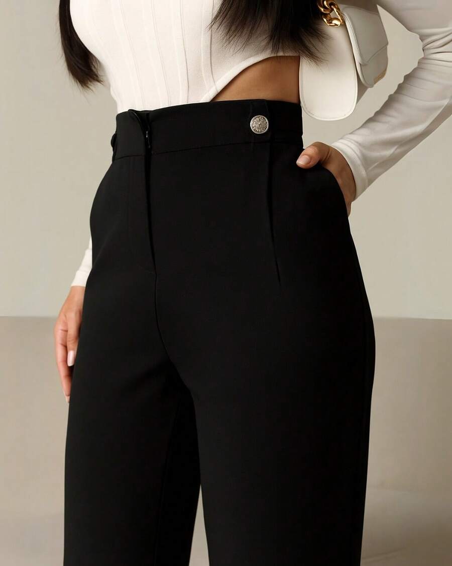 Women's Pants/Tailored Pants/Basic Pants/Elegant Pants/Skinny Pants/Pocket Zipper Button - 黑色 - 查看 1