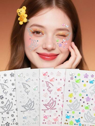 3D全息极光蝴蝶花朵水钻，适用于DIY婚礼、音乐节、嘉年华、情人节、Y2K风格派对、日常装饰、化妆派对、舞会，可用于头发、眼睛、脸部、身体装饰。