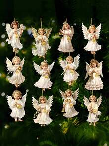 12pcs Angel Wooden Hanging Ornaments - White Angels With Golden Bells & Ribbons, Perfect For Home, Window, Fireplace, And Party Decor, Festive Spring & Country Style, Ideal Gift For Celebrations - Multicolor - View 2