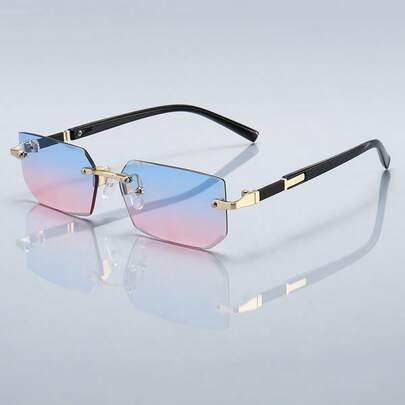 Óculos de Moda Unissex Retangulares Sem Aro com Lentes Degradê, Armação de Metal, Marca de Luxo, Designer de Moda, Lentes Coloridas, Verão, Pastel, Estética Clássica, Férias Tropicais na Praia, Motociclista, Proteção UV400
