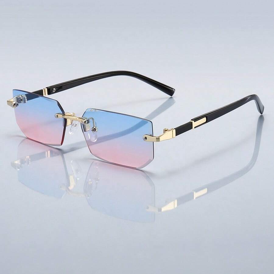 奢华无框矩形渐变镜片男女通用时尚眼镜，金属镜框，设计师品牌时尚眼镜，夏季柔和色调，优雅美学，度假装扮，热带海滩度假风，经典摩托车驾驶眼镜，男士时尚眼镜