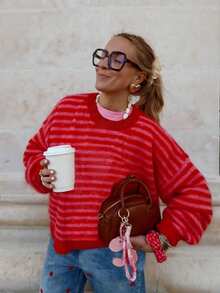 女士休闲宽松条纹圆领落肩毛衣，适合春季、秋冬季节，女士休闲上衣，优雅女士衬衫派对上衣红色上衣假日装扮 - 紅色 - 查看 2