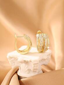 1 对简约几何耳环，铜质微镶锆石，时尚优雅，适合日常通勤 - 金色 - 查看 3