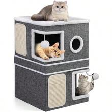 2Storey Cat House For Indoor Cats Separate Into 2 Large Cat Bed Cave With Hideaway Condos Scratch Pads Hanging Balls Foldable Indoor Cat House Hold Up To 30LBS Cat Cube For Multiple Cats Kitten - 灰色 - 查看 1