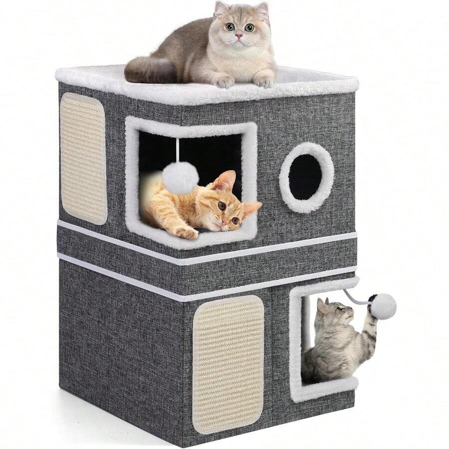 2Storey Cat House For Indoor Cats Separate Into 2 Large Cat Bed Cave With Hideaway Condos Scratch Pads Hanging Balls Foldable Indoor Cat House Hold Up To 30LBS Cat Cube For Multiple Cats Kitten - 灰色 - 查看 1