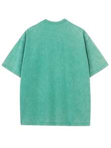 Men's Oversized Heavyweight 100% Cotton Vintage Washed YOUNGLA Pattern T-Shirt - Loose Street Style Printed Top With Eye-Catching Large Letter Design, Brown Distressed Effect, Large Size Round Neck Short Sleeve Casual Shirt Suitable For Men And Teenagers, Suitable For Daily Wear In Spring, Summer, And Autumn (Extra Large And Extra Tall Sizes Available) - Hip-Hop Style Loose Fit, Machine Washable, Unisex Style Suitable For Casual Outings And Sports, Urban Fashion , Durable Fabric, High-Quality Printing, Youth Clothing - 綠色 - 查看 2