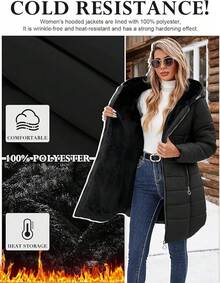 Women's Winter Windproof Fur Warm Slim Fit Down Jacket - Long Ski Coat For Commuting - 黑色 - 查看 5