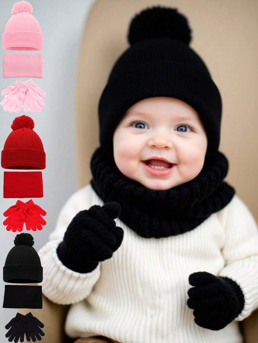 3件套针织帽+手套+围巾，A-Z字母针织帽配黑色手套，女婴帽，儿童针织帽，婴儿配饰，童帽，弹性幼儿男女童帽，1-3岁 - 彩色 - 查看 1