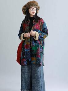 LUZU JUNU Women's Trench Coat Floral Print Long Cotton Linen Jacke Cottagecore Clothing Patchwork Outwear Bohemian Unique - 藍色夾克毛絨襯裡 - 查看 7