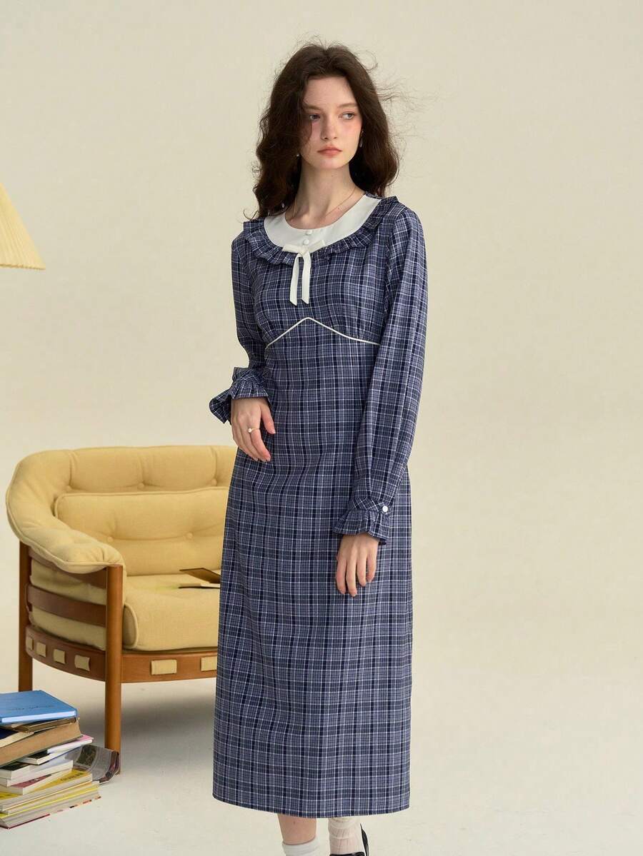 Simple Retro 女士休闲圆领蝴蝶结撞色格纹优雅长袖连衣裙，秋冬款 - 藍色 - 查看 1