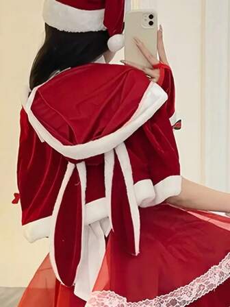 Capa roja de mujer con orejas de conejo, chal lindo de Papá Noel, capa de peluche para Navidad y fiestas de cosplay