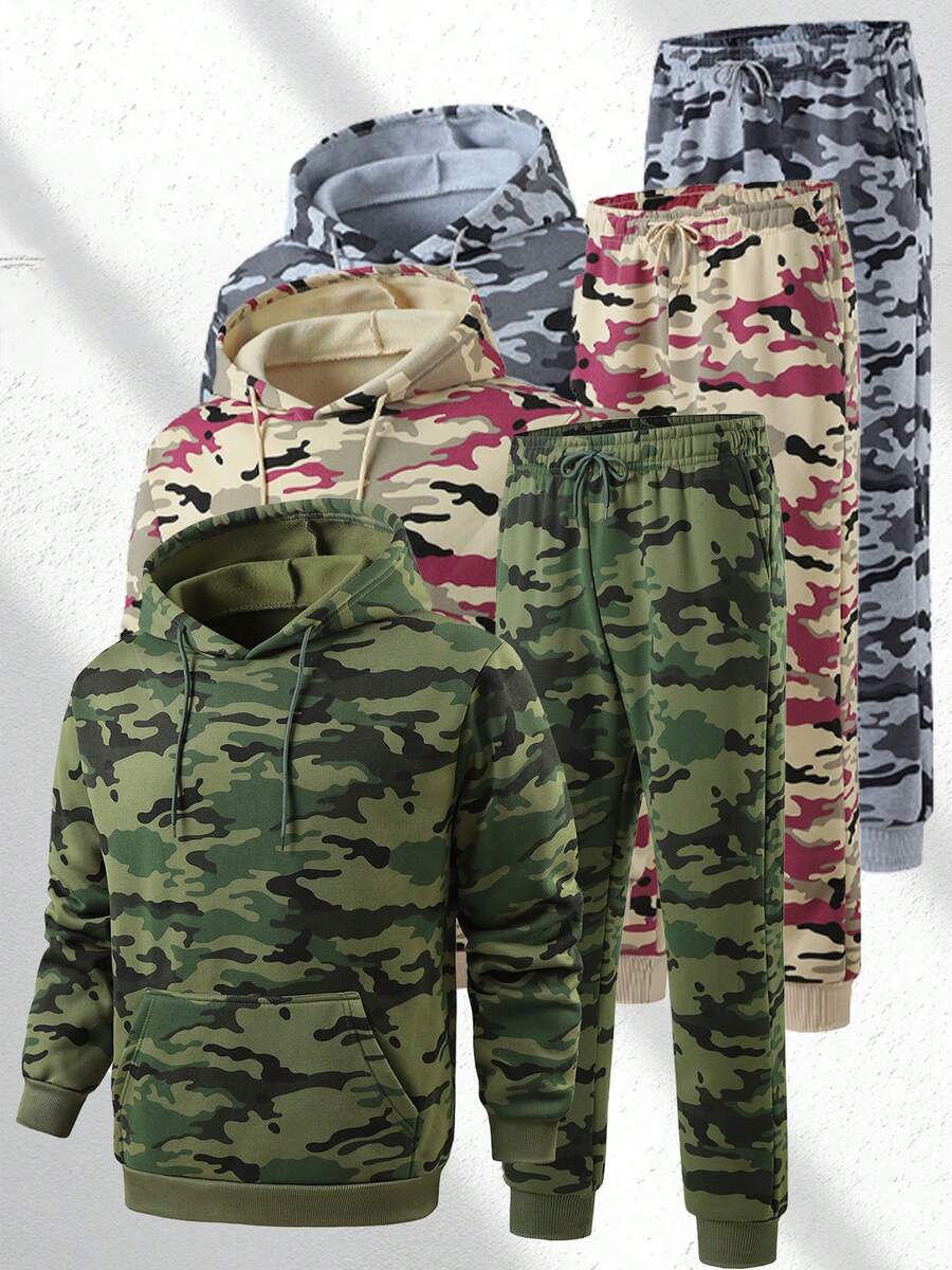 Bộ đồ nỉ ngụy trang mùa thu đông dành cho nam, áo nỉ có mũ trùm đầu ngụy trang, quần chạy bộ bằng nỉ ngụy trang phù hợp cho các môn thể thao ngoài trời, trang phục hàng ngày, du lịch, v.v. - xanh quân đội - Xem 1