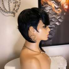 Krótkie peruki Pixie Cut dla czarnoskórych kobiet z ludzkich włosów w kolorze czarnym, czekoladowym brązie, czarnym z bordowym. Prosta peruka Pixie Cut dla czarnoskórych kobiet. Krótkie peruki warstwowe. W pełni maszynowo wykonane peruki Pixie z ludzkich włosów do codziennego użytku. Modna peruka bez koronki z przodu. Warstwowe krótkie peruki z długą grzywką.