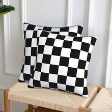 1Pc 18x18 Inch Checkered Pillow Covers Black & White Plaid Square Throw Pillow Cases - Modern Decorative, Machine Washable For Living Room, Bedroom, Outdoor, Bedroom Accessories, Bold Pattern Decor, Easy Care Fabric, Single Sided Print (No Insert), Home Decor, Farmhouse Home Decor - 白色 - 查看 2