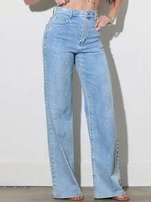 Women's High - Waisted Wide Leg Jeans, Vintage Washed Loose Denim Pants With Side Studs, Casual/Workwear - 淺色水洗藍 - 查看 6