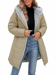 Women's Winter Windproof Fur Warm Slim Fit Down Jacket - Long Ski Coat For Commuting - Khaki - View 1