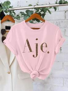 Letter Leopard Print Fashion Casual Short Sleeve Pullover Sweatshirt Women's Round Neck T-Shirt