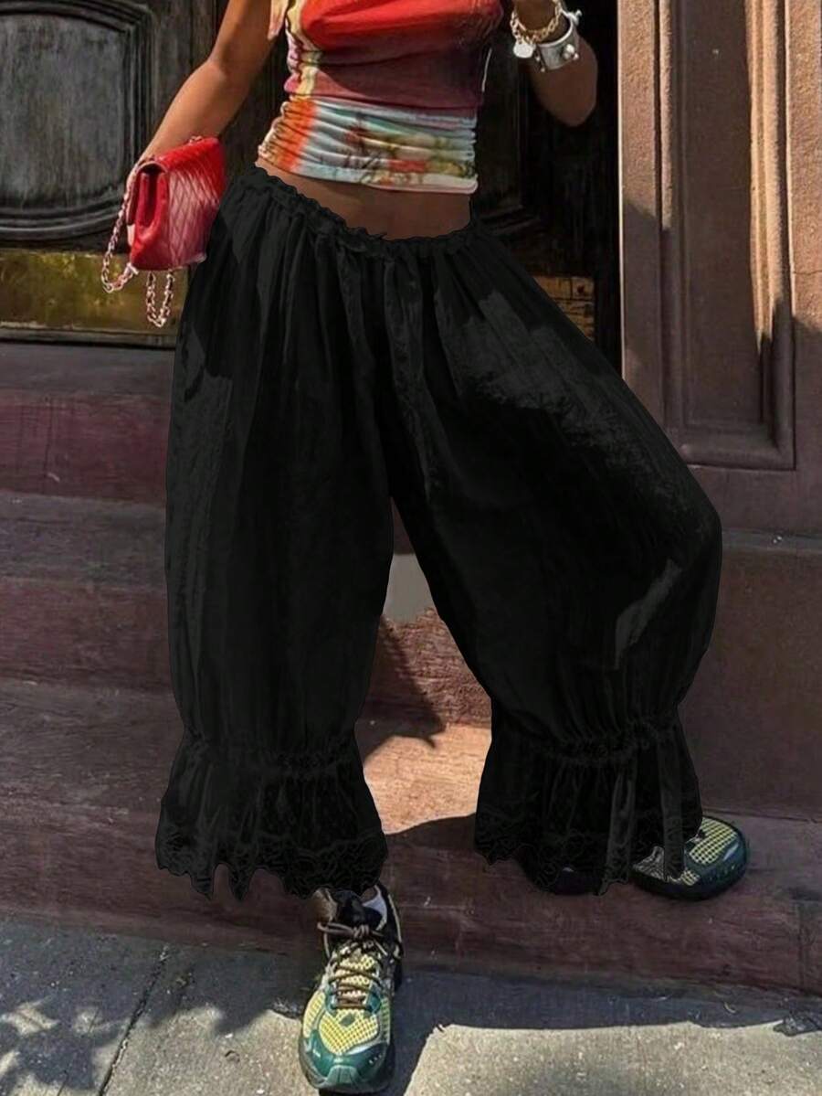 女士舒适百搭秋冬蕾丝拼布灯笼七分裤 - 黑色 - 查看 1