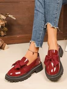 Bowknot Preppy Style Lace-Up Casual Sneakers For Women, Thick Sole Non-Slip Countryside Vacation Outdoor Dance Running Hiking Shoes, Solid Color Preppy College Street Casual Sports Shoes, Running Fitness Student Flat Shoes, Beach Wedding Party Office Home Gym Outdoor All Season Comfortable Breathable Low Price Smooth Fabric Nurse Shoes Sole Loafers Red Flats