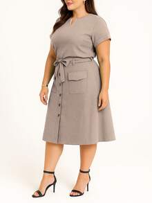 Women's Plus Size Linen Set, Basic Blouse And Midi Skirt, Social Evangelical Fashion, Cargo Pocket With Buttons And Bow - 米色 - 查看 1