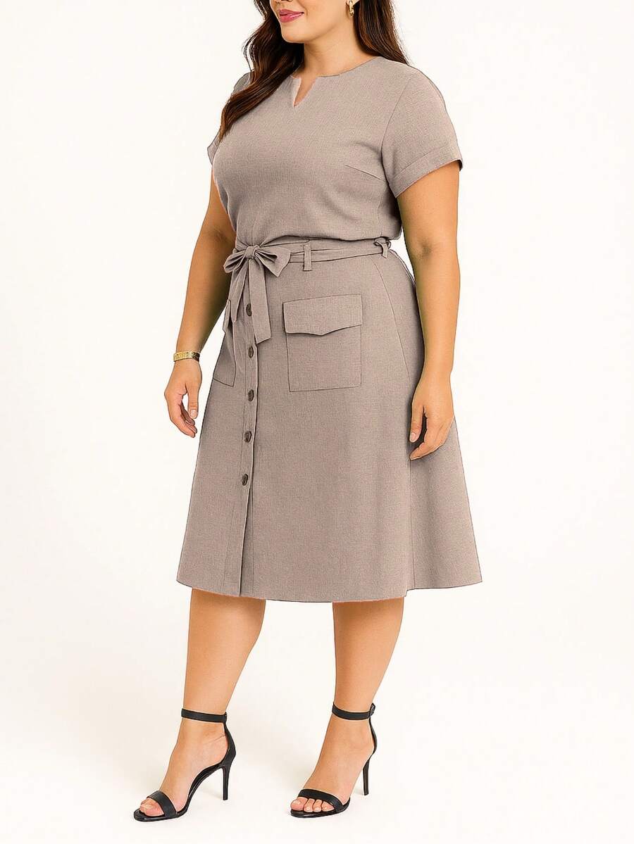 Women's Plus Size Linen Set, Basic Blouse And Midi Skirt, Social Evangelical Fashion, Cargo Pocket With Buttons And Bow - 米色 - 查看 1