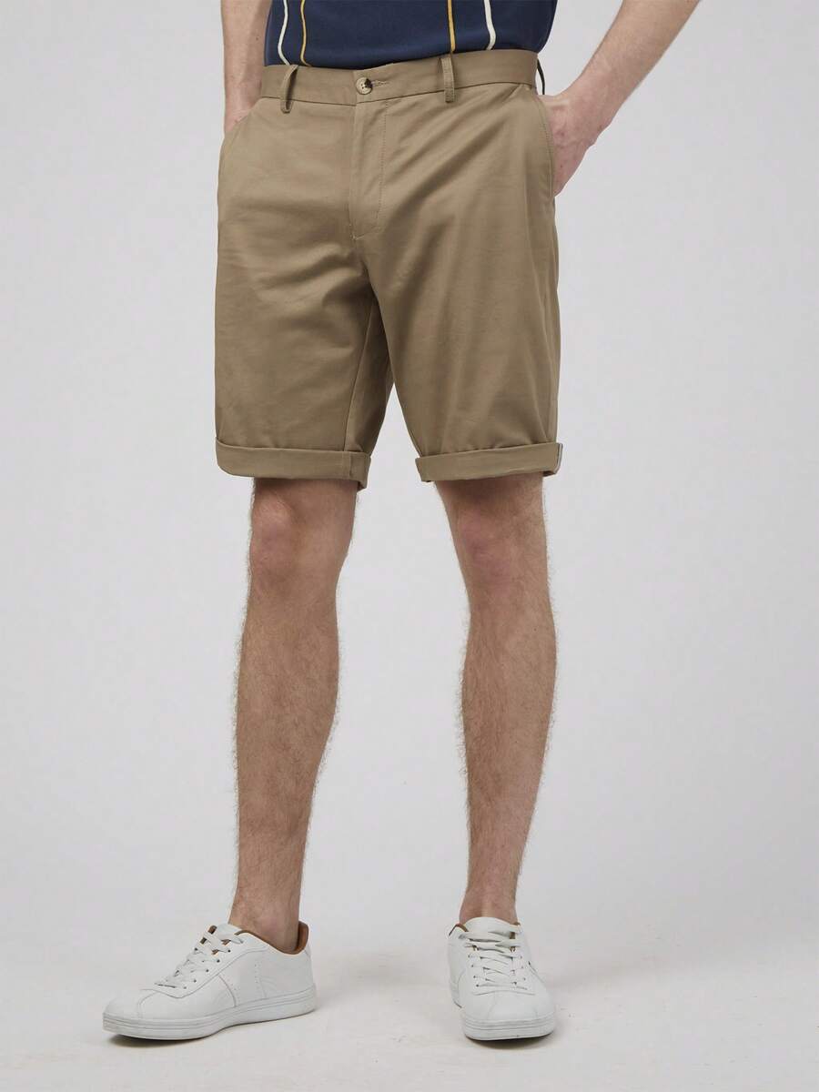 Ben Sherman Pantalón Corto Chino Slim Stretch Verano Regular Bolsillo Cordón Botón Playa - Caqui - Ver 1