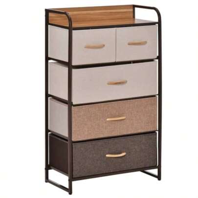 5 - Drawer Dresser Tower 3 - Tier Storage Organizer With Steel Frame Wooden Top Bedroom Hallway Closets