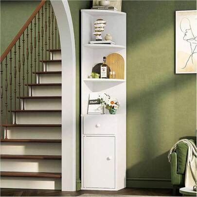 Librero, Esquinero de Madera, Librero Organizador con Cajones y Mueble Multifuncional, Librero Esquinero, Mueble Organizador Fcil de Instalar, Librero Minimalista para Sala, Estudio Blanco