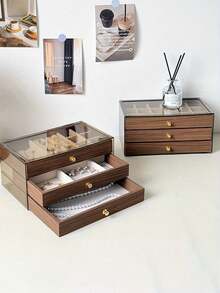 3-Tier Luxury Black Walnut Wood Jewelry Box, Drawer Style Jewelry Storage Case With Transparent Acrylic Display, Classic Design - Multicolor - View 1