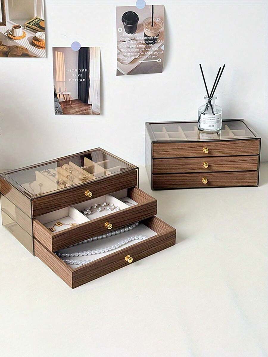 3-Tier Luxury Black Walnut Wood Jewelry Box, Drawer Style Jewelry Storage Case With Transparent Acrylic Display, Classic Design - Multicolor - View 1