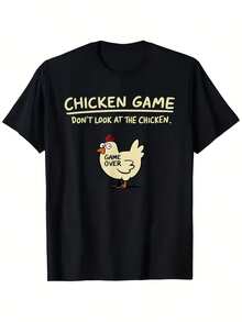 Camiseta gráfica de pollo divertida para hombres - Camiseta con la frase audaz "Juego de pollo, no mires al pollo" - Camiseta ligera de 100% poliéster para ropa casual de calle, juegos y atuendos diarios - Camiseta de cuello redondo lavable a máquina, ropa humorística, impresión llamativa, impresión de alta calidad, camiseta llamativa, ropa para gamers - Negro - Ver 1