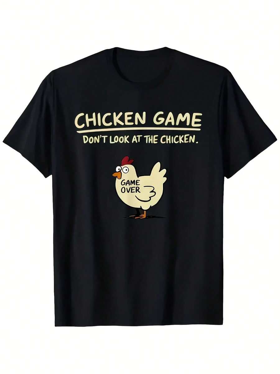 Camiseta gráfica de pollo divertida para hombres - Camiseta con la frase audaz "Juego de pollo, no mires al pollo" - Camiseta ligera de 100% poliéster para ropa casual de calle, juegos y atuendos diarios - Camiseta de cuello redondo lavable a máquina, ropa humorística, impresión llamativa, impresión de alta calidad, camiseta llamativa, ropa para gamers - Negro - Ver 1