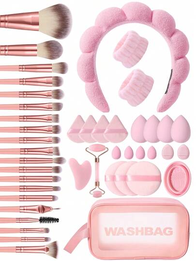 Juego de 44 piezas de herramientas de maquillaje que incluye: 1 bolsa de aseo con cremallera multifuncional y bolsa de cosméticos impermeable + Juego de 20 brochas de maquillaje + 4 esponjas de maquillaje + 4 mini esponjas de maquillaje + 4 borlas de polvo triangulares + 2 borlas de cojín de aire mini + 3 borlas de polvo redondas + 1 rodillo de masaje + 1 tabla Gua Sha + 1 diadema + 2 bandas para las manos