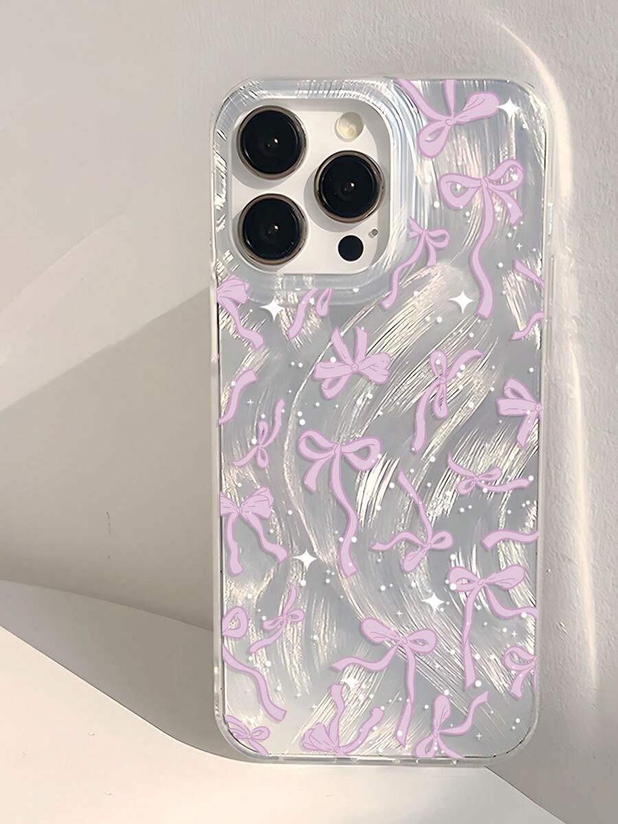1 件少女粉色蝴蝶结和波尔卡圆点图案穿孔羽毛软手机壳，适合 11/12/13/14/15/16 Pro Max - 彩色 - 查看 1