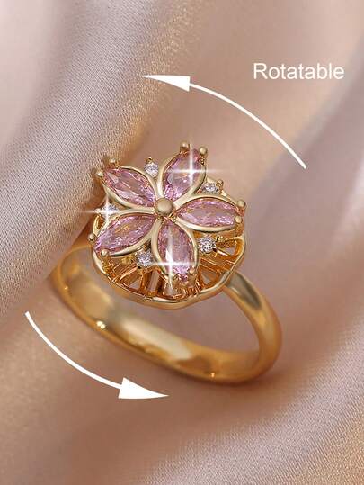 1 pieza Anillo elegante de cinco hojas de trébol rosa con baño de oro, flor de durazno giratoria, para cumpleaños, citas, compromiso para mujeres, anillo individual de cobre con circonita cúbica como regalo