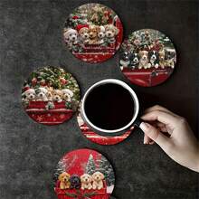 6 pièces/set ou 420 pièces/70 sets Chiens de Noël assis dans un camion rouge, motif sapin de Noël et flocons de neige, dessous-de-verre ronds en caoutchouc absorbant de 10 cm/2 mm d'épaisseur avec fond en caoutchouc souple, dessous-de-verre décoratifs convenant pour les tasses, la décoration de la cuisine et de la table de salle à manger