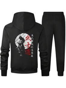 Conjunto de sudadera con capucha y pantalón de chándal con estampado gráfico de samurái para hombre de talla grande, otoño/invierno