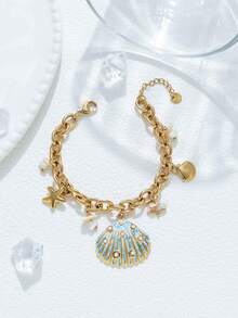 Mazuer 1pc 18K Gold Plated Colorful Vintage Elegant Summer Beach Boho Style Pearl Shell Multi-Pendant Bracelet, Gift For Girlfriend, Graduation, Thanksgiving, New Year, Valentine's Day, Festivals, Parties, Daily Wear, Vacation