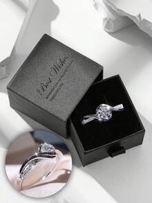 礼盒套装简约优雅方晶锆石戒指，铜镀白金仿钻戒指适合女性订婚、结婚、节日礼物 - 銀色-優雅閃鑽 - 查看 12
