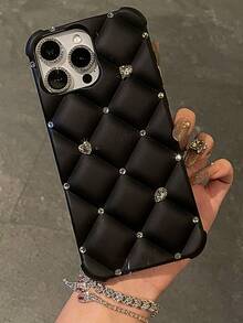 奢华闪亮爱心绗缝手机壳，兼容 17/15 Pro Max/13/14/12/11/16 - 黑色 - 查看 4