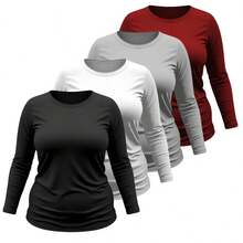 Kit 04 Plus Size T-Shirt Women's Long Sleeve Cotton Round Neck Blouse - 黑色 白色 灰色 紅色 - 查看 1