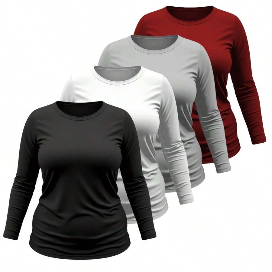 Kit 04 Plus Size T-Shirt Women's Long Sleeve Cotton Round Neck Blouse - 黑色 白色 灰色 紅色 - 查看 1