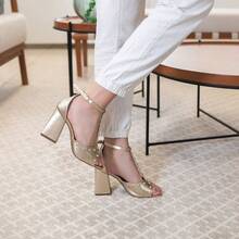 Women's Sandal With 9cm Block Heel, Elegant Square Toe, Metallic Spikes, Comfortable, Modern - Gold - View 1