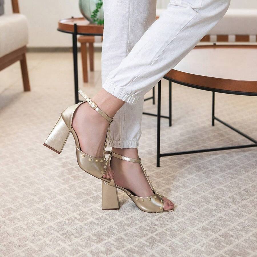 Women's Sandal With 9cm Block Heel, Elegant Square Toe, Metallic Spikes, Comfortable, Modern - Gold - View 1